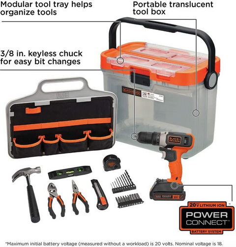 BLACK & DECKER 20V MAX Cordless Drill & DIY Home Project Kit (28 Pieces + Tool Box)