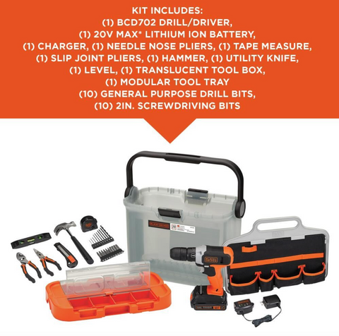 BLACK & DECKER 20V MAX Cordless Drill & DIY Home Project Kit (28 Pieces + Tool Box)