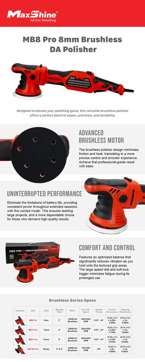 MB8 Pro Brushless DA Polisher | 1200W, 8mm Throw, 5” Plate, 6-Speed, 5/16”-24 Thread